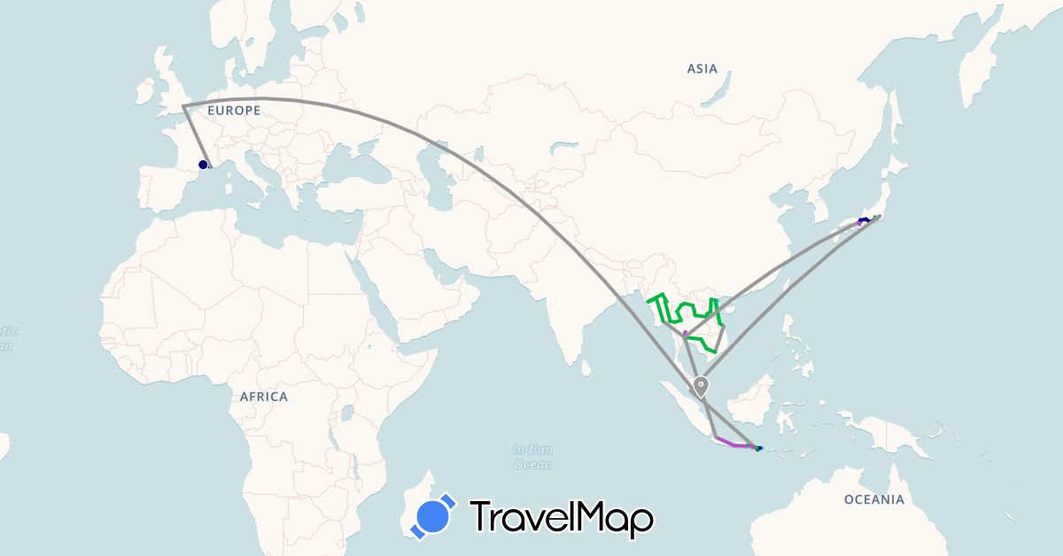 TravelMap itinerary: driving, bus, plane, train, hiking, boat in France, United Kingdom, Indonesia, Japan, Cambodia, Laos, Myanmar (Burma), Malaysia, Singapore, Thailand, Vietnam (Asia, Europe)